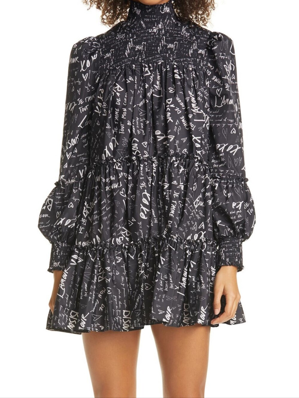 cinq a sept Black and White Script Smocked High-Neck Dress